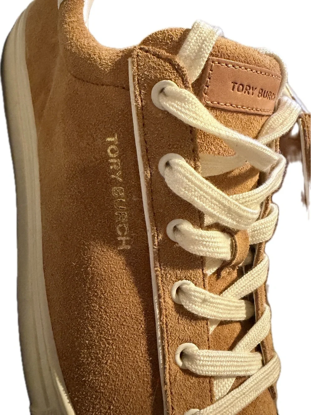 Tory Burch Camel Suede Low-Top Sneakers with Cream Accents
